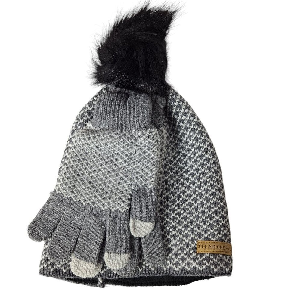 Clear Creek Winter Hat and Gloves Set Gray White Knit Faux Fur Pom